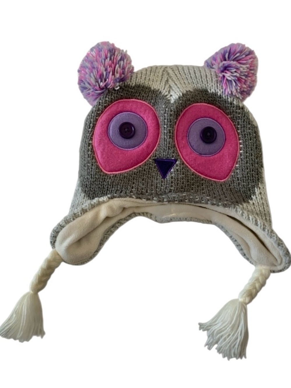 Kids Knit Owl Beanie Hat With Matching Pocket Scarf Gray and Pink